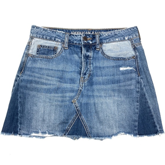 3/$30 American Eagle | Cotton Button Fly Raw Hem Denim Mini Skirt 2 - Picture 1 of 8